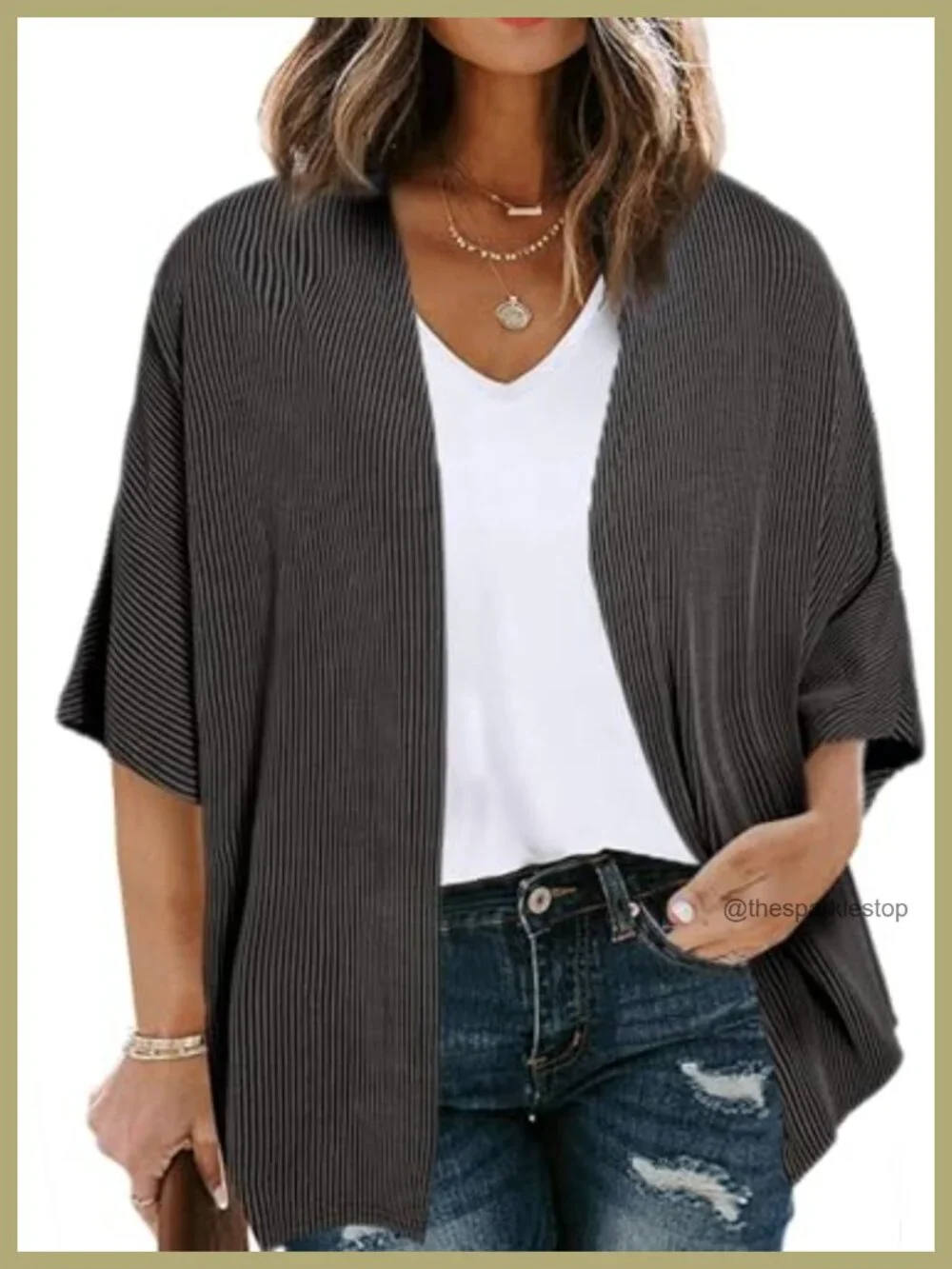 Plus Size Ribbed Knit Cardigan, Half Sleeve Open Front Kimono, Lightweight
